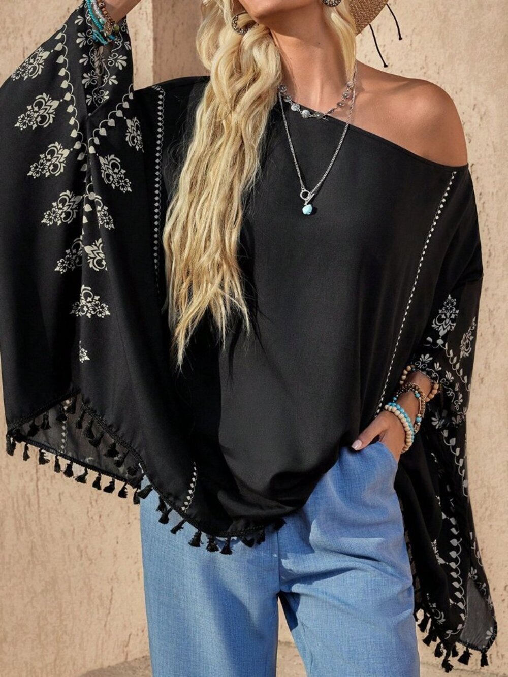 Black And White Boho Women's Batwing Sleeve Fringe Patchwork Long Sleeve Blouse